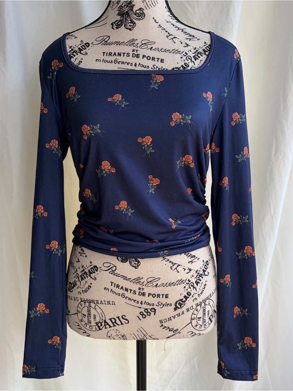 Navy Rose Floral Square Neck Top Romantic Coquette Long Sleeve M